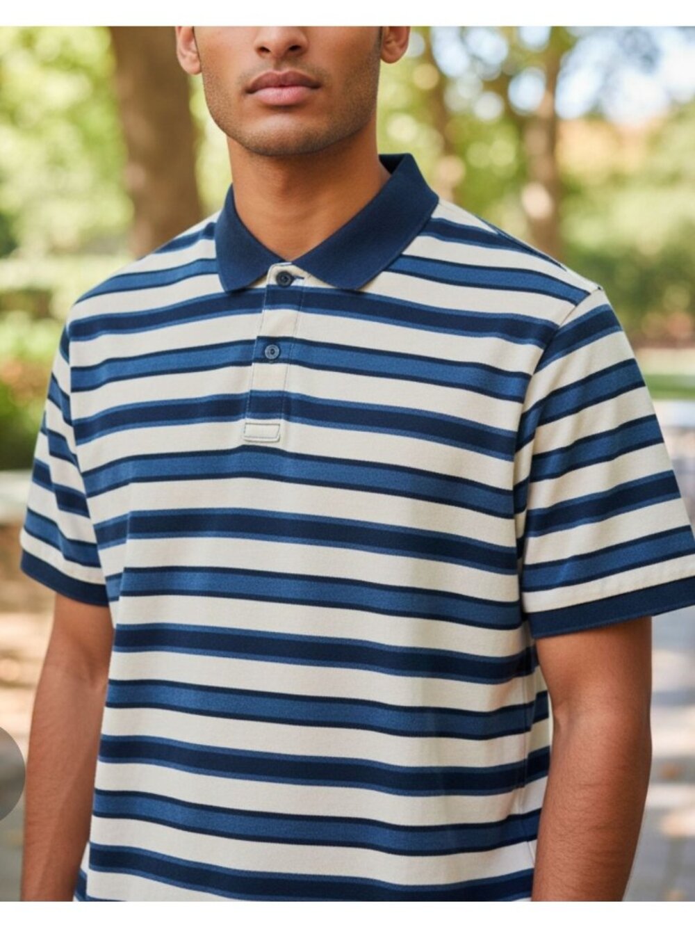 Striped Polo Shirt For Men Navy & Cream Short Sleeve Casual Wear Collared Neck W